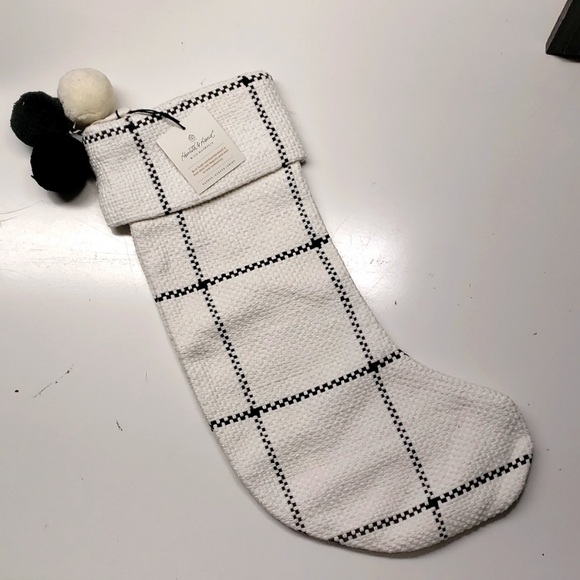 NEW ! Hearth & Hand Windowpane Woven Plaid Poms Gray/ Cream Stocking - Picture 2 of 6
